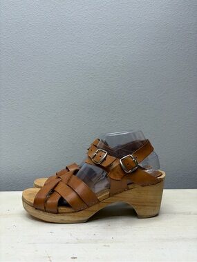 Swedish Hasbeens Brown Leather Wooden Clogs Size 40